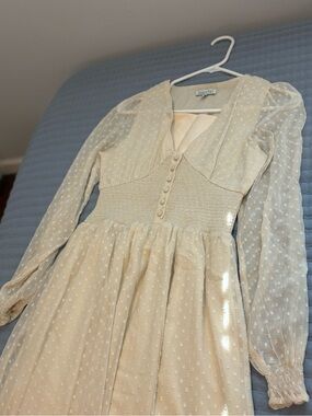 Angie Ivory Swiss Dot Smocked Waist Long Sleeve Dress